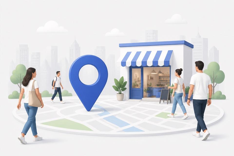Local map pin and people wearing brand shirts nearby